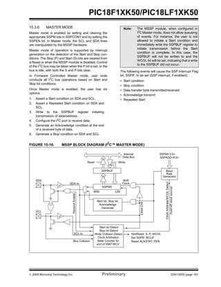© 2009 Microchip Technology Inc. Preliminary DS41350C-page 161
PIC18F1XK50/PIC18LF1XK50
15.3.6 MASTER MODE
Master mode is enabled by setting and clearing the
appropriate SSPM bits in SSPCON1 and by setting the
SSPEN bit. In Master mode, the SCL and SDA lines
are manipulated by the MSSP hardware.
Master mode of operation is supported by interrupt
generation on the detection of the Start and Stop con-
ditions. The Stop (P) and Start (S) bits are cleared from
a Reset or when the MSSP module is disabled. Control
of the I2
C bus may be taken when the P bit is set, or the
bus is Idle, with both the S and P bits clear.
In Firmware Controlled Master mode, user code
conducts all I2
C bus operations based on Start and
Stop bit conditions.
Once Master mode is enabled, the user has six
options.
1. Assert a Start condition on SDA and SCL.
2. Assert a Repeated Start condition on SDA and
SCL.
3. Write to the SSPBUF register initiating
transmission of data/address.
4. Configure the I2
C port to receive data.
5. Generate an Acknowledge condition at the end
of a received byte of data.
6. Generate a Stop condition on SDA and SCL.
The following events will cause the SSP Interrupt Flag
bit, SSPIF, to be set (SSP interrupt, if enabled):
• Start condition
• Stop condition
• Data transfer byte transmitted/received
• Acknowledge transmit
• Repeated Start
FIGURE 15-16: MSSP BLOCK DIAGRAM (I2
C™ MASTER MODE)
Note: The MSSP module, when configured in
I2
C Master mode, does not allow queueing
of events. For instance, the user is not
allowed to initiate a Start condition and
immediately write the SSPBUF register to
initiate transmission before the Start
condition is complete. In this case, the
SSPBUF will not be written to and the
WCOL bit will be set, indicating that a write
to the SSPBUF did not occur.
Read Write
SSPSR
Start bit, Stop bit,
SSPBUF
Internal
Data Bus
Set/Reset, S, P, WCOL
Shift
Clock
MSb LSb
SDA
Acknowledge
Generate
Stop bit Detect
Write Collision Detect
Clock Arbitration
State Counter for
end of XMIT/RCV
SCL
SCL In
Bus Collision
SDA In
ReceiveEnable
ClockCntl
ClockArbitrate/WCOLDetect
(holdoffclocksource)
SSPADD<6:0>
Baud
Set SSPIF, BCLIF
Reset ACKSTAT, PEN
Rate
Generator
SSPM<3:0>
Start bit Detect
 