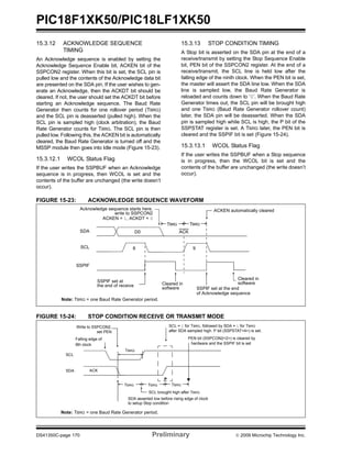 PIC18F1XK50/PIC18LF1XK50
DS41350C-page 170 Preliminary © 2009 Microchip Technology Inc.
15.3.12 ACKNOWLEDGE SEQUENCE
TIMING
An Acknowledge sequence is enabled by setting the
Acknowledge Sequence Enable bit, ACKEN bit of the
SSPCON2 register. When this bit is set, the SCL pin is
pulled low and the contents of the Acknowledge data bit
are presented on the SDA pin. If the user wishes to gen-
erate an Acknowledge, then the ACKDT bit should be
cleared. If not, the user should set the ACKDT bit before
starting an Acknowledge sequence. The Baud Rate
Generator then counts for one rollover period (TBRG)
and the SCL pin is deasserted (pulled high). When the
SCL pin is sampled high (clock arbitration), the Baud
Rate Generator counts for TBRG. The SCL pin is then
pulled low. Following this, the ACKEN bit is automatically
cleared, the Baud Rate Generator is turned off and the
MSSP module then goes into Idle mode (Figure 15-23).
15.3.12.1 WCOL Status Flag
If the user writes the SSPBUF when an Acknowledge
sequence is in progress, then WCOL is set and the
contents of the buffer are unchanged (the write doesn’t
occur).
15.3.13 STOP CONDITION TIMING
A Stop bit is asserted on the SDA pin at the end of a
receive/transmit by setting the Stop Sequence Enable
bit, PEN bit of the SSPCON2 register. At the end of a
receive/transmit, the SCL line is held low after the
falling edge of the ninth clock. When the PEN bit is set,
the master will assert the SDA line low. When the SDA
line is sampled low, the Baud Rate Generator is
reloaded and counts down to ‘0’. When the Baud Rate
Generator times out, the SCL pin will be brought high
and one TBRG (Baud Rate Generator rollover count)
later, the SDA pin will be deasserted. When the SDA
pin is sampled high while SCL is high, the P bit of the
SSPSTAT register is set. A TBRG later, the PEN bit is
cleared and the SSPIF bit is set (Figure 15-24).
15.3.13.1 WCOL Status Flag
If the user writes the SSPBUF when a Stop sequence
is in progress, then the WCOL bit is set and the
contents of the buffer are unchanged (the write doesn’t
occur).
FIGURE 15-23: ACKNOWLEDGE SEQUENCE WAVEFORM
FIGURE 15-24: STOP CONDITION RECEIVE OR TRANSMIT MODE
Note: TBRG = one Baud Rate Generator period.
SDA
SCL
SSPIF set at
Acknowledge sequence starts here,
write to SSPCON2
ACKEN automatically cleared
Cleared in
TBRG TBRG
the end of receive
8
ACKEN = 1, ACKDT = 0
D0
9
SSPIF
software SSPIF set at the end
of Acknowledge sequence
Cleared in
software
ACK
SCL
SDA
SDA asserted low before rising edge of clock
Write to SSPCON2,
set PEN
Falling edge of
SCL = 1 for TBRG, followed by SDA = 1 for TBRG
9th clock
SCL brought high after TBRG
Note: TBRG = one Baud Rate Generator period.
TBRG TBRG
after SDA sampled high. P bit (SSPSTAT<4>) is set.
TBRG
to setup Stop condition
ACK
P
TBRG
PEN bit (SSPCON2<2>) is cleared by
hardware and the SSPIF bit is set
 