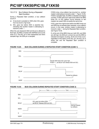 PIC18F1XK50/PIC18LF1XK50
DS41350C-page 174 Preliminary © 2009 Microchip Technology Inc.
15.3.17.2 Bus Collision During a Repeated
Start Condition
During a Repeated Start condition, a bus collision
occurs if:
a) A low level is sampled on SDA when SCL goes
from low level to high level.
b) SCL goes low before SDA is asserted low,
indicating that another master is attempting to
transmit a data ‘1’.
When the user deasserts SDA and the pin is allowed to
float high, the BRG is loaded with SSPADD and counts
down to 0. The SCL pin is then deasserted and when
sampled high, the SDA pin is sampled.
If SDA is low, a bus collision has occurred (i.e., another
master is attempting to transmit a data ‘0’, Figure 15-29).
If SDA is sampled high, the BRG is reloaded and begins
counting. If SDA goes from high-to-low before the BRG
times out, no bus collision occurs because no two
masters can assert SDA at exactly the same time.
If SCL goes from high-to-low before the BRG times out
and SDA has not already been asserted, a bus collision
occurs. In this case, another master is attempting to
transmit a data ‘1’ during the Repeated Start condition,
see Figure 15-30.
If, at the end of the BRG time-out, both SCL and SDA
are still high, the SDA pin is driven low and the BRG is
reloaded and begins counting. At the end of the count,
regardless of the status of the SCL pin, the SCL pin is
driven low and the Repeated Start condition is
complete.
FIGURE 15-29: BUS COLLISION DURING A REPEATED START CONDITION (CASE 1)
FIGURE 15-30: BUS COLLISION DURING REPEATED START CONDITION (CASE 2)
SDA
SCL
RSEN
BCLIF
S
SSPIF
Sample SDA when SCL goes high.
If SDA = 0, set BCLIF and release SDA and SCL.
Cleared by software
‘0’
‘0’
SDA
SCL
BCLIF
RSEN
S
SSPIF
Interrupt cleared
by software
SCL goes low before SDA,
set BCLIF. Release SDA and SCL.
TBRG TBRG
‘0’
 