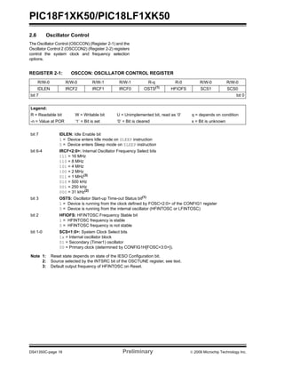 PIC18F1XK50/PIC18LF1XK50
DS41350C-page 16 Preliminary © 2009 Microchip Technology Inc.
2.6 Oscillator Control
The Oscillator Control (OSCCON) (Register 2-1) and the
Oscillator Control 2 (OSCCON2) (Register 2-2) registers
control the system clock and frequency selection
options.
REGISTER 2-1: OSCCON: OSCILLATOR CONTROL REGISTER
R/W-0 R/W-0 R/W-1 R/W-1 R-q R-0 R/W-0 R/W-0
IDLEN IRCF2 IRCF1 IRCF0 OSTS(1)
HFIOFS SCS1 SCS0
bit 7 bit 0
Legend:
R = Readable bit W = Writable bit U = Unimplemented bit, read as ‘0’ q = depends on condition
-n = Value at POR ‘1’ = Bit is set ‘0’ = Bit is cleared x = Bit is unknown
bit 7 IDLEN: Idle Enable bit
1 = Device enters Idle mode on SLEEP instruction
0 = Device enters Sleep mode on SLEEP instruction
bit 6-4 IRCF<2:0>: Internal Oscillator Frequency Select bits
111 = 16 MHz
110 = 8 MHz
101 = 4 MHz
100 = 2 MHz
011 = 1 MHz(3)
010 = 500 kHz
001 = 250 kHz
000 = 31 kHz(2)
bit 3 OSTS: Oscillator Start-up Time-out Status bit(1)
1 = Device is running from the clock defined by FOSC<2:0> of the CONFIG1 register
0 = Device is running from the internal oscillator (HFINTOSC or LFINTOSC)
bit 2 HFIOFS: HFINTOSC Frequency Stable bit
1 = HFINTOSC frequency is stable
0 = HFINTOSC frequency is not stable
bit 1-0 SCS<1:0>: System Clock Select bits
1x = Internal oscillator block
01 = Secondary (Timer1) oscillator
00 = Primary clock (determined by CONFIG1H[FOSC<3:0>]).
Note 1: Reset state depends on state of the IESO Configuration bit.
2: Source selected by the INTSRC bit of the OSCTUNE register, see text.
3: Default output frequency of HFINTOSC on Reset.
 