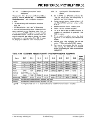 © 2009 Microchip Technology Inc. Preliminary DS41350C-page 203
PIC18F1XK50/PIC18LF1XK50
16.4.2.3 EUSART Synchronous Slave
Reception
The operation of the Synchronous Master and Slave
modes is identical (Section 16.4.1.6 “Synchronous
Master Reception”), with the following exceptions:
• Sleep
• CREN bit is always set, therefore the receiver is
never Idle
• SREN bit, which is a “don't care” in Slave mode
A character may be received while in Sleep mode by
setting the CREN bit prior to entering Sleep. Once the
word is received, the RSR register will transfer the data
to the RCREG register. If the RCIE enable bit is set, the
interrupt generated will wake the device from Sleep
and execute the next instruction. If the GIE bit is also
set, the program will branch to the interrupt vector.
16.4.2.4 Synchronous Slave Reception
Set-up:
1. Set the SYNC and SPEN bits and clear the
CSRC bit. Set the TRIS bits corresponding to
the RX/DT and TX/CK I/O pins.
2. If using interrupts, ensure that the GIE and PEIE
bits of the INTCON register are set and set the
RCIE bit.
3. If 9-bit reception is desired, set the RX9 bit.
4. Set the CREN bit to enable reception.
5. The RCIF bit will be set when reception is
complete. An interrupt will be generated if the
RCIE bit was set.
6. If 9-bit mode is enabled, retrieve the Most
Significant bit from the RX9D bit of the RCSTA
register.
7. Retrieve the 8 Least Significant bits from the
receive FIFO by reading the RCREG register.
8. If an overrun error occurs, clear the error by
either clearing the CREN bit of the RCSTA
register or by clearing the SPEN bit which resets
the EUSART.
TABLE 16-10: REGISTERS ASSOCIATED WITH SYNCHRONOUS SLAVE RECEPTION
Name Bit 7 Bit 6 Bit 5 Bit 4 Bit 3 Bit 2 Bit 1 Bit 0
Reset
Values
on page
INTCON GIE/GIEH PEIE/GIEL TMR0IE INT0IE RABIE TMR0IF INT0IF RABIF 279
PIR1 — ADIF RCIF TXIF SSPIF CCP1IF TMR2IF TMR1IF 282
PIE1 — ADIE RCIE TXIE SSPIE CCP1IE TMR2IE TMR1IE 282
IPR1 — ADIP RCIP TXIP SSPIP CCP1IP TMR2IP TMR1IP 282
RCSTA SPEN RX9 SREN CREN ADDEN FERR OERR RX9D 281
RCREG EUSART Receive Register 281
TXSTA CSRC TX9 TXEN SYNC SENDB BRGH TRMT TX9D 281
BAUDCON ABDOVF RCIDL DTRXP CKTXP BRG16 — WUE ABDEN 281
SPBRGH EUSART Baud Rate Generator Register, High Byte 281
SPBRG EUSART Baud Rate Generator Register, Low Byte 281
Legend: — = unimplemented, read as ‘0’. Shaded cells are not used for synchronous slave reception.
 