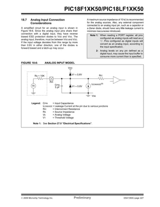 © 2009 Microchip Technology Inc. Preliminary DS41350C-page 227
PIC18F1XK50/PIC18LF1XK50
18.7 Analog Input Connection
Considerations
A simplified circuit for an analog input is shown in
Figure 18-6. Since the analog input pins share their
connection with a digital input, they have reverse
biased ESD protection diodes to VDD and VSS. The
analog input, therefore, must be between VSS and VDD.
If the input voltage deviates from this range by more
than 0.6V in either direction, one of the diodes is
forward biased and a latch-up may occur.
A maximum source impedance of 10 kΩ is recommended
for the analog sources. Also, any external component
connected to an analog input pin, such as a capacitor or
a Zener diode, should have very little leakage current to
minimize inaccuracies introduced.
FIGURE 18-6: ANALOG INPUT MODEL
Note 1: When reading a PORT register, all pins
configured as analog inputs will read as a
‘0’. Pins configured as digital inputs will
convert as an analog input, according to
the input specification.
2: Analog levels on any pin defined as a
digital input, may cause the input buffer to
consume more current than is specified.
VA
Rs < 10K
CPIN
5 pF
VDD
VT ≈ 0.6V
VT ≈ 0.6V
RIC
ILEAKAGE(1)
Vss
AIN
Legend: CPIN = Input Capacitance
ILEAKAGE = Leakage Current at the pin due to various junctions
RIC = Interconnect Resistance
RS = Source Impedance
VA = Analog Voltage
VT = Threshold Voltage
Note 1: See Section 27.0 “Electrical Specifications”.
 