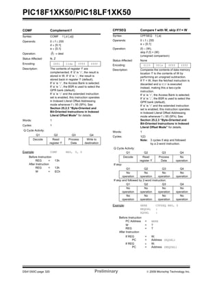 PIC18F1XK50/PIC18LF1XK50
DS41350C-page 320 Preliminary © 2009 Microchip Technology Inc.
COMF Complement f
Syntax: COMF f {,d {,a}}
Operands: 0 ≤ f ≤ 255
d ∈ [0,1]
a ∈ [0,1]
Operation: (f) → dest
Status Affected: N, Z
Encoding: 0001 11da ffff ffff
Description: The contents of register ‘f’ are
complemented. If ‘d’ is ‘0’, the result is
stored in W. If ‘d’ is ‘1’, the result is
stored back in register ‘f’ (default).
If ‘a’ is ‘0’, the Access Bank is selected.
If ‘a’ is ‘1’, the BSR is used to select the
GPR bank (default).
If ‘a’ is ‘0’ and the extended instruction
set is enabled, this instruction operates
in Indexed Literal Offset Addressing
mode whenever f ≤ 95 (5Fh). See
Section 25.2.3 “Byte-Oriented and
Bit-Oriented Instructions in Indexed
Literal Offset Mode” for details.
Words: 1
Cycles: 1
Q Cycle Activity:
Q1 Q2 Q3 Q4
Decode Read
register ‘f’
Process
Data
Write to
destination
Example: COMF REG, 0, 0
Before Instruction
REG = 13h
After Instruction
REG = 13h
W = ECh
CPFSEQ Compare f with W, skip if f = W
Syntax: CPFSEQ f {,a}
Operands: 0 ≤ f ≤ 255
a ∈ [0,1]
Operation: (f) – (W),
skip if (f) = (W)
(unsigned comparison)
Status Affected: None
Encoding: 0110 001a ffff ffff
Description: Compares the contents of data memory
location ‘f’ to the contents of W by
performing an unsigned subtraction.
If ‘f’ = W, then the fetched instruction is
discarded and a NOP is executed
instead, making this a two-cycle
instruction.
If ‘a’ is ‘0’, the Access Bank is selected.
If ‘a’ is ‘1’, the BSR is used to select the
GPR bank (default).
If ‘a’ is ‘0’ and the extended instruction
set is enabled, this instruction operates
in Indexed Literal Offset Addressing
mode whenever f ≤ 95 (5Fh). See
Section 25.2.3 “Byte-Oriented and
Bit-Oriented Instructions in Indexed
Literal Offset Mode” for details.
Words: 1
Cycles: 1(2)
Note: 3 cycles if skip and followed
by a 2-word instruction.
Q Cycle Activity:
Q1 Q2 Q3 Q4
Decode Read
register ‘f’
Process
Data
No
operation
If skip:
Q1 Q2 Q3 Q4
No
operation
No
operation
No
operation
No
operation
If skip and followed by 2-word instruction:
Q1 Q2 Q3 Q4
No
operation
No
operation
No
operation
No
operation
No
operation
No
operation
No
operation
No
operation
Example: HERE CPFSEQ REG, 0
NEQUAL :
EQUAL :
Before Instruction
PC Address = HERE
W = ?
REG = ?
After Instruction
If REG = W;
PC = Address (EQUAL)
If REG ≠ W;
PC = Address (NEQUAL)
 