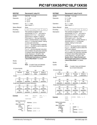 © 2009 Microchip Technology Inc. Preliminary DS41350C-page 323
PIC18F1XK50/PIC18LF1XK50
DECFSZ Decrement f, skip if 0
Syntax: DECFSZ f {,d {,a}}
Operands: 0 ≤ f ≤ 255
d ∈ [0,1]
a ∈ [0,1]
Operation: (f) – 1 → dest,
skip if result = 0
Status Affected: None
Encoding: 0010 11da ffff ffff
Description: The contents of register ‘f’ are
decremented. If ‘d’ is ‘0’, the result is
placed in W. If ‘d’ is ‘1’, the result is
placed back in register ‘f’ (default).
If the result is ‘0’, the next instruction,
which is already fetched, is discarded
and a NOP is executed instead, making
it a two-cycle instruction.
If ‘a’ is ‘0’, the Access Bank is selected.
If ‘a’ is ‘1’, the BSR is used to select the
GPR bank (default).
If ‘a’ is ‘0’ and the extended instruction
set is enabled, this instruction operates
in Indexed Literal Offset Addressing
mode whenever f ≤ 95 (5Fh). See
Section 25.2.3 “Byte-Oriented and
Bit-Oriented Instructions in Indexed
Literal Offset Mode” for details.
Words: 1
Cycles: 1(2)
Note: 3 cycles if skip and followed
by a 2-word instruction.
Q Cycle Activity:
Q1 Q2 Q3 Q4
Decode Read
register ‘f’
Process
Data
Write to
destination
If skip:
Q1 Q2 Q3 Q4
No
operation
No
operation
No
operation
No
operation
If skip and followed by 2-word instruction:
Q1 Q2 Q3 Q4
No
operation
No
operation
No
operation
No
operation
No
operation
No
operation
No
operation
No
operation
Example: HERE DECFSZ CNT, 1, 1
GOTO LOOP
CONTINUE
Before Instruction
PC = Address (HERE)
After Instruction
CNT = CNT - 1
If CNT = 0;
PC = Address (CONTINUE)
If CNT ≠ 0;
PC = Address (HERE + 2)
DCFSNZ Decrement f, skip if not 0
Syntax: DCFSNZ f {,d {,a}}
Operands: 0 ≤ f ≤ 255
d ∈ [0,1]
a ∈ [0,1]
Operation: (f) – 1 → dest,
skip if result ≠ 0
Status Affected: None
Encoding: 0100 11da ffff ffff
Description: The contents of register ‘f’ are
decremented. If ‘d’ is ‘0’, the result is
placed in W. If ‘d’ is ‘1’, the result is
placed back in register ‘f’ (default).
If the result is not ‘0’, the next
instruction, which is already fetched, is
discarded and a NOP is executed
instead, making it a two-cycle
instruction.
If ‘a’ is ‘0’, the Access Bank is selected.
If ‘a’ is ‘1’, the BSR is used to select the
GPR bank (default).
If ‘a’ is ‘0’ and the extended instruction
set is enabled, this instruction operates
in Indexed Literal Offset Addressing
mode whenever f ≤ 95 (5Fh). See
Section 25.2.3 “Byte-Oriented and
Bit-Oriented Instructions in Indexed
Literal Offset Mode” for details.
Words: 1
Cycles: 1(2)
Note: 3 cycles if skip and followed
by a 2-word instruction.
Q Cycle Activity:
Q1 Q2 Q3 Q4
Decode Read
register ‘f’
Process
Data
Write to
destination
If skip:
Q1 Q2 Q3 Q4
No
operation
No
operation
No
operation
No
operation
If skip and followed by 2-word instruction:
Q1 Q2 Q3 Q4
No
operation
No
operation
No
operation
No
operation
No
operation
No
operation
No
operation
No
operation
Example: HERE DCFSNZ TEMP, 1, 0
ZERO :
NZERO :
Before Instruction
TEMP = ?
After Instruction
TEMP = TEMP – 1,
If TEMP = 0;
PC = Address (ZERO)
If TEMP ≠ 0;
PC = Address (NZERO)
 