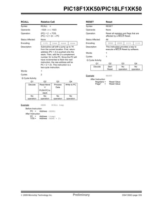 © 2009 Microchip Technology Inc. Preliminary DS41350C-page 333
PIC18F1XK50/PIC18LF1XK50
RCALL Relative Call
Syntax: RCALL n
Operands: -1024 ≤ n ≤ 1023
Operation: (PC) + 2 → TOS,
(PC) + 2 + 2n → PC
Status Affected: None
Encoding: 1101 1nnn nnnn nnnn
Description: Subroutine call with a jump up to 1K
from the current location. First, return
address (PC + 2) is pushed onto the
stack. Then, add the 2’s complement
number ‘2n’ to the PC. Since the PC will
have incremented to fetch the next
instruction, the new address will be
PC + 2 + 2n. This instruction is a
two-cycle instruction.
Words: 1
Cycles: 2
Q Cycle Activity:
Q1 Q2 Q3 Q4
Decode Read literal
‘n’
PUSH PC to
stack
Process
Data
Write to PC
No
operation
No
operation
No
operation
No
operation
Example: HERE RCALL Jump
Before Instruction
PC = Address (HERE)
After Instruction
PC = Address (Jump)
TOS = Address (HERE + 2)
RESET Reset
Syntax: RESET
Operands: None
Operation: Reset all registers and flags that are
affected by a MCLR Reset.
Status Affected: All
Encoding: 0000 0000 1111 1111
Description: This instruction provides a way to
execute a MCLR Reset by software.
Words: 1
Cycles: 1
Q Cycle Activity:
Q1 Q2 Q3 Q4
Decode Start
Reset
No
operation
No
operation
Example: RESET
After Instruction
Registers = Reset Value
Flags* = Reset Value
 
