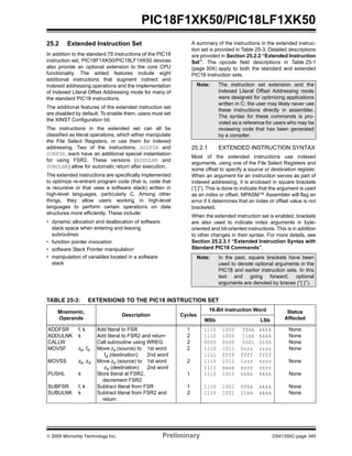 © 2009 Microchip Technology Inc. Preliminary DS41350C-page 345
PIC18F1XK50/PIC18LF1XK50
25.2 Extended Instruction Set
In addition to the standard 75 instructions of the PIC18
instruction set, PIC18F1XK50/PIC18LF1XK50 devices
also provide an optional extension to the core CPU
functionality. The added features include eight
additional instructions that augment indirect and
indexed addressing operations and the implementation
of Indexed Literal Offset Addressing mode for many of
the standard PIC18 instructions.
The additional features of the extended instruction set
are disabled by default. To enable them, users must set
the XINST Configuration bit.
The instructions in the extended set can all be
classified as literal operations, which either manipulate
the File Select Registers, or use them for indexed
addressing. Two of the instructions, ADDFSR and
SUBFSR, each have an additional special instantiation
for using FSR2. These versions (ADDULNK and
SUBULNK) allow for automatic return after execution.
The extended instructions are specifically implemented
to optimize re-entrant program code (that is, code that
is recursive or that uses a software stack) written in
high-level languages, particularly C. Among other
things, they allow users working in high-level
languages to perform certain operations on data
structures more efficiently. These include:
• dynamic allocation and deallocation of software
stack space when entering and leaving
subroutines
• function pointer invocation
• software Stack Pointer manipulation
• manipulation of variables located in a software
stack
A summary of the instructions in the extended instruc-
tion set is provided in Table 25-3. Detailed descriptions
are provided in Section 25.2.2 “Extended Instruction
Set”. The opcode field descriptions in Table 25-1
(page 304) apply to both the standard and extended
PIC18 instruction sets.
25.2.1 EXTENDED INSTRUCTION SYNTAX
Most of the extended instructions use indexed
arguments, using one of the File Select Registers and
some offset to specify a source or destination register.
When an argument for an instruction serves as part of
indexed addressing, it is enclosed in square brackets
(“[ ]”). This is done to indicate that the argument is used
as an index or offset. MPASM™ Assembler will flag an
error if it determines that an index or offset value is not
bracketed.
When the extended instruction set is enabled, brackets
are also used to indicate index arguments in byte-
oriented and bit-oriented instructions. This is in addition
to other changes in their syntax. For more details, see
Section 25.2.3.1 “Extended Instruction Syntax with
Standard PIC18 Commands”.
TABLE 25-3: EXTENSIONS TO THE PIC18 INSTRUCTION SET
Note: The instruction set extension and the
Indexed Literal Offset Addressing mode
were designed for optimizing applications
written in C; the user may likely never use
these instructions directly in assembler.
The syntax for these commands is pro-
vided as a reference for users who may be
reviewing code that has been generated
by a compiler.
Note: In the past, square brackets have been
used to denote optional arguments in the
PIC18 and earlier instruction sets. In this
text and going forward, optional
arguments are denoted by braces (“{ }”).
Mnemonic,
Operands
Description Cycles
16-Bit Instruction Word Status
AffectedMSb LSb
ADDFSR
ADDULNK
CALLW
MOVSF
MOVSS
PUSHL
SUBFSR
SUBULNK
f, k
k
zs, fd
zs, zd
k
f, k
k
Add literal to FSR
Add literal to FSR2 and return
Call subroutine using WREG
Move zs (source) to 1st word
fd (destination) 2nd word
Move zs (source) to 1st word
zd (destination) 2nd word
Store literal at FSR2,
decrement FSR2
Subtract literal from FSR
Subtract literal from FSR2 and
return
1
2
2
2
2
1
1
2
1110
1110
0000
1110
1111
1110
1111
1110
1110
1110
1000
1000
0000
1011
ffff
1011
xxxx
1010
1001
1001
ffkk
11kk
0001
0zzz
ffff
1zzz
xzzz
kkkk
ffkk
11kk
kkkk
kkkk
0100
zzzz
ffff
zzzz
zzzz
kkkk
kkkk
kkkk
None
None
None
None
None
None
None
None
 