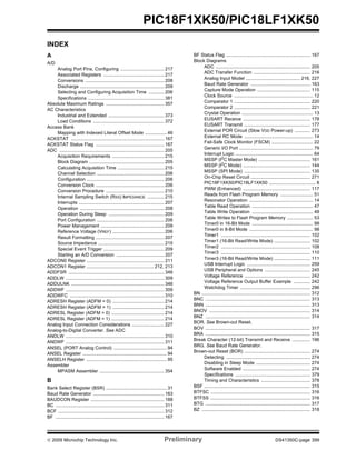 © 2009 Microchip Technology Inc. Preliminary DS41350C-page 399
PIC18F1XK50/PIC18LF1XK50
INDEX
A
A/D
Analog Port Pins, Configuring .................................. 217
Associated Registers ............................................... 217
Conversions ............................................................. 208
Discharge ................................................................. 209
Selecting and Configuring Acquisition Time ............ 206
Specifications ........................................................... 381
Absolute Maximum Ratings ............................................. 357
AC Characteristics
Industrial and Extended ........................................... 373
Load Conditions ....................................................... 372
Access Bank
Mapping with Indexed Literal Offset Mode ................. 46
ACKSTAT ........................................................................ 167
ACKSTAT Status Flag ..................................................... 167
ADC ................................................................................. 205
Acquisition Requirements ........................................ 215
Block Diagram .......................................................... 205
Calculating Acquisition Time .................................... 215
Channel Selection .................................................... 206
Configuration ............................................................ 206
Conversion Clock ..................................................... 206
Conversion Procedure ............................................. 210
Internal Sampling Switch (RSS) IMPEDANCE ............. 215
Interrupts .................................................................. 207
Operation ................................................................. 208
Operation During Sleep ........................................... 209
Port Configuration .................................................... 206
Power Management ................................................. 209
Reference Voltage (VREF) ........................................ 206
Result Formatting ..................................................... 207
Source Impedance ................................................... 215
Special Event Trigger ............................................... 209
Starting an A/D Conversion ..................................... 207
ADCON0 Register ............................................................ 211
ADCON1 Register .................................................... 212, 213
ADDFSR .......................................................................... 346
ADDLW ............................................................................ 309
ADDULNK ........................................................................ 346
ADDWF ............................................................................ 309
ADDWFC ......................................................................... 310
ADRESH Register (ADFM = 0) ........................................ 214
ADRESH Register (ADFM = 1) ........................................ 214
ADRESL Register (ADFM = 0) ......................................... 214
ADRESL Register (ADFM = 1) ......................................... 214
Analog Input Connection Considerations ......................... 227
Analog-to-Digital Converter. See ADC
ANDLW ............................................................................ 310
ANDWF ............................................................................ 311
ANSEL (PORT Analog Control) ......................................... 94
ANSEL Register ................................................................. 94
ANSELH Register .............................................................. 95
Assembler
MPASM Assembler .................................................. 354
B
Bank Select Register (BSR) ............................................... 31
Baud Rate Generator ....................................................... 163
BAUDCON Register ......................................................... 188
BC .................................................................................... 311
BCF .................................................................................. 312
BF .................................................................................... 167
BF Status Flag ................................................................. 167
Block Diagrams
ADC ......................................................................... 205
ADC Transfer Function ............................................ 216
Analog Input Model .......................................... 216, 227
Baud Rate Generator .............................................. 163
Capture Mode Operation ......................................... 115
Clock Source ............................................................. 12
Comparator 1 ........................................................... 220
Comparator 2 ........................................................... 221
Crystal Operation ....................................................... 13
EUSART Receive .................................................... 178
EUSART Transmit ................................................... 177
External POR Circuit (Slow VDD Power-up) ............ 273
External RC Mode ..................................................... 14
Fail-Safe Clock Monitor (FSCM) ................................ 22
Generic I/O Port ......................................................... 79
Interrupt Logic ............................................................ 64
MSSP (I2
C Master Mode) ........................................ 161
MSSP (I2C Mode) .................................................... 144
MSSP (SPI Mode) ................................................... 135
On-Chip Reset Circuit .............................................. 271
PIC18F1XK50/PIC18LF1XK50 .................................... 8
PWM (Enhanced) .................................................... 117
Reads from Flash Program Memory ......................... 51
Resonator Operation ................................................. 14
Table Read Operation ............................................... 47
Table Write Operation ............................................... 48
Table Writes to Flash Program Memory .................... 53
Timer0 in 16-Bit Mode ............................................... 99
Timer0 in 8-Bit Mode ................................................. 98
Timer1 ..................................................................... 102
Timer1 (16-Bit Read/Write Mode) ............................ 102
Timer2 ..................................................................... 108
Timer3 ..................................................................... 110
Timer3 (16-Bit Read/Write Mode) ............................ 111
USB Interrupt Logic ................................................. 259
USB Peripheral and Options ................................... 245
Voltage Reference ................................................... 242
Voltage Reference Output Buffer Example ............. 242
Watchdog Timer ...................................................... 296
BN .................................................................................... 312
BNC ................................................................................. 313
BNN ................................................................................. 313
BNOV .............................................................................. 314
BNZ ................................................................................. 314
BOR. See Brown-out Reset.
BOV ................................................................................. 317
BRA ................................................................................. 315
Break Character (12-bit) Transmit and Receive .............. 196
BRG. See Baud Rate Generator.
Brown-out Reset (BOR) ................................................... 274
Detecting ................................................................. 274
Disabling in Sleep Mode .......................................... 274
Software Enabled .................................................... 274
Specifications .......................................................... 379
Timing and Characteristics ...................................... 378
BSF .................................................................................. 315
BTFSC ............................................................................. 316
BTFSS ............................................................................. 316
BTG ................................................................................. 317
BZ .................................................................................... 318
 