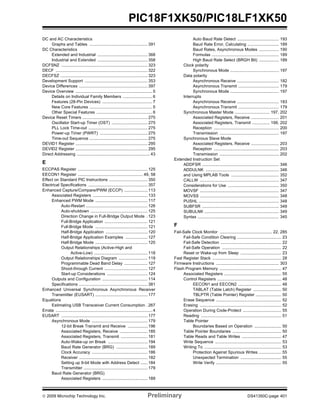 © 2009 Microchip Technology Inc. Preliminary DS41350C-page 401
PIC18F1XK50/PIC18LF1XK50
DC and AC Characteristics
Graphs and Tables .................................................. 391
DC Characteristics
Extended and Industrial ........................................... 368
Industrial and Extended ........................................... 358
DCFSNZ .......................................................................... 323
DECF ............................................................................... 322
DECFSZ ........................................................................... 323
Development Support ...................................................... 353
Device Differences ........................................................... 397
Device Overview .................................................................. 5
Details on Individual Family Members ......................... 6
Features (28-Pin Devices) ........................................... 7
New Core Features ...................................................... 5
Other Special Features ................................................ 6
Device Reset Timers ........................................................ 275
Oscillator Start-up Timer (OST) ............................... 275
PLL Lock Time-out ................................................... 275
Power-up Timer (PWRT) ......................................... 275
Time-out Sequence .................................................. 275
DEVID1 Register .............................................................. 295
DEVID2 Register .............................................................. 295
Direct Addressing ............................................................... 43
E
ECCPAS Register ............................................................ 125
EECON1 Register ........................................................ 49, 58
Effect on Standard PIC Instructions ................................. 350
Electrical Specifications ................................................... 357
Enhanced Capture/Compare/PWM (ECCP) .................... 113
Associated Registers ............................................... 133
Enhanced PWM Mode ............................................. 117
Auto-Restart ..................................................... 126
Auto-shutdown ................................................. 125
Direction Change in Full-Bridge Output Mode . 123
Full-Bridge Application ..................................... 121
Full-Bridge Mode ............................................. 121
Half-Bridge Application .................................... 120
Half-Bridge Application Examples ................... 127
Half-Bridge Mode ............................................. 120
Output Relationships (Active-High and
Active-Low) .............................................. 118
Output Relationships Diagram ......................... 119
Programmable Dead Band Delay .................... 127
Shoot-through Current ..................................... 127
Start-up Considerations ................................... 124
Outputs and Configuration ....................................... 114
Specifications ........................................................... 381
Enhanced Universal Synchronous Asynchronous Receiver
Transmitter (EUSART) ............................................. 177
Equations
Estimating USB Transceiver Current Consumption . 267
Errata ................................................................................... 4
EUSART .......................................................................... 177
Asynchronous Mode ................................................ 179
12-bit Break Transmit and Receive ................. 196
Associated Registers, Receive ........................ 185
Associated Registers, Transmit ....................... 181
Auto-Wake-up on Break .................................. 194
Baud Rate Generator (BRG) ........................... 189
Clock Accuracy ................................................ 186
Receiver ........................................................... 182
Setting up 9-bit Mode with Address Detect ...... 184
Transmitter ....................................................... 179
Baud Rate Generator (BRG)
Associated Registers ....................................... 189
Auto Baud Rate Detect .................................... 193
Baud Rate Error, Calculating ........................... 189
Baud Rates, Asynchronous Modes ................. 190
Formulas .......................................................... 189
High Baud Rate Select (BRGH Bit) ................. 189
Clock polarity
Synchronous Mode .......................................... 197
Data polarity
Asynchronous Receive .................................... 182
Asynchronous Transmit ................................... 179
Synchronous Mode .......................................... 197
Interrupts
Asynchronous Receive .................................... 183
Asynchronous Transmit ................................... 179
Synchronous Master Mode .............................. 197, 202
Associated Registers, Receive ........................ 201
Associated Registers, Transmit ............... 199, 202
Reception ........................................................ 200
Transmission ................................................... 197
Synchronous Slave Mode
Associated Registers, Receive ........................ 203
Reception ........................................................ 203
Transmission ................................................... 202
Extended Instruction Set
ADDFSR .................................................................. 346
ADDULNK ............................................................... 346
and Using MPLAB Tools ......................................... 352
CALLW .................................................................... 347
Considerations for Use ............................................ 350
MOVSF .................................................................... 347
MOVSS .................................................................... 348
PUSHL ..................................................................... 348
SUBFSR .................................................................. 349
SUBULNK ................................................................ 349
Syntax ...................................................................... 345
F
Fail-Safe Clock Monitor ............................................. 22, 285
Fail-Safe Condition Clearing ...................................... 23
Fail-Safe Detection .................................................... 22
Fail-Safe Operation ................................................... 22
Reset or Wake-up from Sleep ................................... 23
Fast Register Stack ........................................................... 28
Firmware Instructions ...................................................... 303
Flash Program Memory ..................................................... 47
Associated Registers ................................................. 55
Control Registers ....................................................... 48
EECON1 and EECON2 ..................................... 48
TABLAT (Table Latch) Register ........................ 50
TBLPTR (Table Pointer) Register ...................... 50
Erase Sequence ........................................................ 52
Erasing ...................................................................... 52
Operation During Code-Protect ................................. 55
Reading ..................................................................... 51
Table Pointer
Boundaries Based on Operation ....................... 50
Table Pointer Boundaries .......................................... 50
Table Reads and Table Writes .................................. 47
Write Sequence ......................................................... 53
Writing To .................................................................. 53
Protection Against Spurious Writes ................... 55
Unexpected Termination ................................... 55
Write Verify ........................................................ 55
 