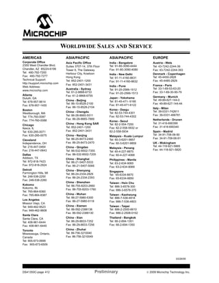 DS41350C-page 412 Preliminary © 2009 Microchip Technology Inc.
AMERICAS
Corporate Office
2355 West Chandler Blvd.
Chandler, AZ 85224-6199
Tel: 480-792-7200
Fax: 480-792-7277
Technical Support:
http://support.microchip.com
Web Address:
www.microchip.com
Atlanta
Duluth, GA
Tel: 678-957-9614
Fax: 678-957-1455
Boston
Westborough, MA
Tel: 774-760-0087
Fax: 774-760-0088
Chicago
Itasca, IL
Tel: 630-285-0071
Fax: 630-285-0075
Cleveland
Independence, OH
Tel: 216-447-0464
Fax: 216-447-0643
Dallas
Addison, TX
Tel: 972-818-7423
Fax: 972-818-2924
Detroit
Farmington Hills, MI
Tel: 248-538-2250
Fax: 248-538-2260
Kokomo
Kokomo, IN
Tel: 765-864-8360
Fax: 765-864-8387
Los Angeles
Mission Viejo, CA
Tel: 949-462-9523
Fax: 949-462-9608
Santa Clara
Santa Clara, CA
Tel: 408-961-6444
Fax: 408-961-6445
Toronto
Mississauga, Ontario,
Canada
Tel: 905-673-0699
Fax: 905-673-6509
ASIA/PACIFIC
Asia Pacific Office
Suites 3707-14, 37th Floor
Tower 6, The Gateway
Harbour City, Kowloon
Hong Kong
Tel: 852-2401-1200
Fax: 852-2401-3431
Australia - Sydney
Tel: 61-2-9868-6733
Fax: 61-2-9868-6755
China - Beijing
Tel: 86-10-8528-2100
Fax: 86-10-8528-2104
China - Chengdu
Tel: 86-28-8665-5511
Fax: 86-28-8665-7889
China - Hong Kong SAR
Tel: 852-2401-1200
Fax: 852-2401-3431
China - Nanjing
Tel: 86-25-8473-2460
Fax: 86-25-8473-2470
China - Qingdao
Tel: 86-532-8502-7355
Fax: 86-532-8502-7205
China - Shanghai
Tel: 86-21-5407-5533
Fax: 86-21-5407-5066
China - Shenyang
Tel: 86-24-2334-2829
Fax: 86-24-2334-2393
China - Shenzhen
Tel: 86-755-8203-2660
Fax: 86-755-8203-1760
China - Wuhan
Tel: 86-27-5980-5300
Fax: 86-27-5980-5118
China - Xiamen
Tel: 86-592-2388138
Fax: 86-592-2388130
China - Xian
Tel: 86-29-8833-7252
Fax: 86-29-8833-7256
China - Zhuhai
Tel: 86-756-3210040
Fax: 86-756-3210049
ASIA/PACIFIC
India - Bangalore
Tel: 91-80-3090-4444
Fax: 91-80-3090-4080
India - New Delhi
Tel: 91-11-4160-8631
Fax: 91-11-4160-8632
India - Pune
Tel: 91-20-2566-1512
Fax: 91-20-2566-1513
Japan - Yokohama
Tel: 81-45-471- 6166
Fax: 81-45-471-6122
Korea - Daegu
Tel: 82-53-744-4301
Fax: 82-53-744-4302
Korea - Seoul
Tel: 82-2-554-7200
Fax: 82-2-558-5932 or
82-2-558-5934
Malaysia - Kuala Lumpur
Tel: 60-3-6201-9857
Fax: 60-3-6201-9859
Malaysia - Penang
Tel: 60-4-227-8870
Fax: 60-4-227-4068
Philippines - Manila
Tel: 63-2-634-9065
Fax: 63-2-634-9069
Singapore
Tel: 65-6334-8870
Fax: 65-6334-8850
Taiwan - Hsin Chu
Tel: 886-3-6578-300
Fax: 886-3-6578-370
Taiwan - Kaohsiung
Tel: 886-7-536-4818
Fax: 886-7-536-4803
Taiwan - Taipei
Tel: 886-2-2500-6610
Fax: 886-2-2508-0102
Thailand - Bangkok
Tel: 66-2-694-1351
Fax: 66-2-694-1350
EUROPE
Austria - Wels
Tel: 43-7242-2244-39
Fax: 43-7242-2244-393
Denmark - Copenhagen
Tel: 45-4450-2828
Fax: 45-4485-2829
France - Paris
Tel: 33-1-69-53-63-20
Fax: 33-1-69-30-90-79
Germany - Munich
Tel: 49-89-627-144-0
Fax: 49-89-627-144-44
Italy - Milan
Tel: 39-0331-742611
Fax: 39-0331-466781
Netherlands - Drunen
Tel: 31-416-690399
Fax: 31-416-690340
Spain - Madrid
Tel: 34-91-708-08-90
Fax: 34-91-708-08-91
UK - Wokingham
Tel: 44-118-921-5869
Fax: 44-118-921-5820
WORLDWIDE SALES AND SERVICE
03/26/09
 