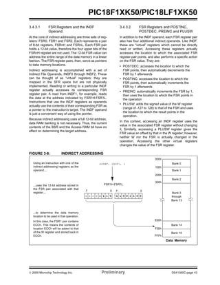 © 2009 Microchip Technology Inc. Preliminary DS41350C-page 43
PIC18F1XK50/PIC18LF1XK50
3.4.3.1 FSR Registers and the INDF
Operand
At the core of indirect addressing are three sets of reg-
isters: FSR0, FSR1 and FSR2. Each represents a pair
of 8-bit registers, FSRnH and FSRnL. Each FSR pair
holds a 12-bit value, therefore the four upper bits of the
FSRnH register are not used. The 12-bit FSR value can
address the entire range of the data memory in a linear
fashion. The FSR register pairs, then, serve as pointers
to data memory locations.
Indirect addressing is accomplished with a set of
Indirect File Operands, INDF0 through INDF2. These
can be thought of as “virtual” registers: they are
mapped in the SFR space but are not physically
implemented. Reading or writing to a particular INDF
register actually accesses its corresponding FSR
register pair. A read from INDF1, for example, reads
the data at the address indicated by FSR1H:FSR1L.
Instructions that use the INDF registers as operands
actually use the contents of their corresponding FSR as
a pointer to the instruction’s target. The INDF operand
is just a convenient way of using the pointer.
Because indirect addressing uses a full 12-bit address,
data RAM banking is not necessary. Thus, the current
contents of the BSR and the Access RAM bit have no
effect on determining the target address.
3.4.3.2 FSR Registers and POSTINC,
POSTDEC, PREINC and PLUSW
In addition to the INDF operand, each FSR register pair
also has four additional indirect operands. Like INDF,
these are “virtual” registers which cannot be directly
read or written. Accessing these registers actually
accesses the location to which the associated FSR
register pair points, and also performs a specific action
on the FSR value. They are:
• POSTDEC: accesses the location to which the
FSR points, then automatically decrements the
FSR by 1 afterwards
• POSTINC: accesses the location to which the
FSR points, then automatically increments the
FSR by 1 afterwards
• PREINC: automatically increments the FSR by 1,
then uses the location to which the FSR points in
the operation
• PLUSW: adds the signed value of the W register
(range of -127 to 128) to that of the FSR and uses
the location to which the result points in the
operation.
In this context, accessing an INDF register uses the
value in the associated FSR register without changing
it. Similarly, accessing a PLUSW register gives the
FSR value an offset by that in the W register; however,
neither W nor the FSR is actually changed in the
operation. Accessing the other virtual registers
changes the value of the FSR register.
FIGURE 3-8: INDIRECT ADDRESSING
FSR1H:FSR1L
07
Data Memory
000h
100h
200h
300h
F00h
E00h
FFFh
Bank 0
Bank 1
Bank 2
Bank 14
Bank 15
Bank 3
through
Bank 13
ADDWF, INDF1, 1
07
Using an instruction with one of the
indirect addressing registers as the
operand....
...uses the 12-bit address stored in
the FSR pair associated with that
register....
...to determine the data memory
location to be used in that operation.
In this case, the FSR1 pair contains
ECCh. This means the contents of
location ECCh will be added to that
of the W register and stored back in
ECCh.
x x x x 1 1 1 0 1 1 0 0 1 1 0 0
 