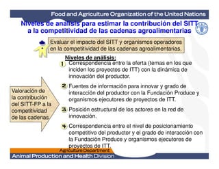 Niveles de análisis para estimar la contribución del SITT
a la competitividad de las cadenas agroalimentarias
Evaluar el impacto del SITT y organismos operadores
en la competitividad de las cadenas agroalimentarias.
Evaluar el impacto del SITT y organismos operadores
en la competitividad de las cadenas agroalimentarias.
Niveles de análisis:
Correspondencia entre la oferta (temas en los que
inciden los proyectos de ITT) con la dinámica de
innovación del productor.
Fuentes de información para innovar y grado de
Valoración de
la contribución
del SITT-FP a la
competitividad
de las cadenas
Fuentes de información para innovar y grado de
interacción del productor con la Fundación Produce y
organismos ejecutores de proyectos de ITT.
Posición estructural de los actores en la red de
innovación.
Correspondencia entre el nivel de posicionamiento
competitivo del productor y el grado de interacción con
la Fundación Produce y organismos ejecutores de
proyectos de ITT.
 