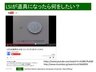2015/2/6 Interface Device Laboratory, Kanazawa University http://ifdl.jp/
LSIが道具になったら何をしたい？
https://www.youtube.com/watch?v=A188CYfuKQ0
http://www.nicovideo.jp/watch/sm23660093
 