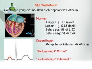 GELOMBANG P
Normal
Tinggi : < 0,3 mvolt
Lebar : < 0,12 detik
Selalu positif di L II
Selalu negatif di aVR
Kepentingan
Mengetahui kelainan di Atrium
“ Gelombang P Pulmonal “
“Gelombang P Mitral”
Gambaran yang ditimbulkan oleh depolarisasi atrium
 