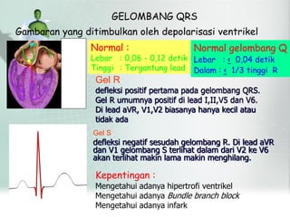 GELOMBANG QRS
Gambaran yang ditimbulkan oleh depolarisasi ventrikel
Normal :
Lebar : 0,06 - 0,12 detik
Tinggi : Tergantung lead
Kepentingan :
Mengetahui adanya hipertrofi ventrikel
Mengetahui adanya Bundle branch block
Mengetahui adanya infark
Normal gelombang Q
Lebar : < 0,04 detik
Dalam : < 1/3 tinggi R
Gel R
defleksi positif pertama pada gelombang QRS.
Gel R umumnya positif di lead I,II,V5 dan V6.
Di lead aVR, V1,V2 biasanya hanya kecil atau
tidak ada
Gel S
defleksi negatif sesudah gelombang R. Di lead aVR
dan V1 gelombang S terlihat dalam dari V2 ke V6
akan terlihat makin lama makin menghilang.
 