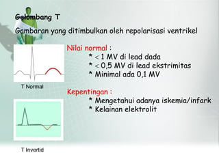 Gelombang T
Nilai normal :
*  1 MV di lead dada
*  0,5 MV di lead ekstrimitas
* Minimal ada 0,1 MV
Kepentingan :
* Mengetahui adanya iskemia/infark
* Kelainan elektrolit
Gambaran yang ditimbulkan oleh repolarisasi ventrikel
T Invertid
T Normal
 
