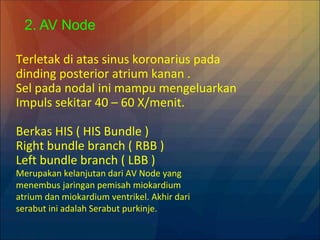 Terletak di atas sinus koronarius pada
dinding posterior atrium kanan .
Sel pada nodal ini mampu mengeluarkan
Impuls sekitar 40 – 60 X/menit.
Berkas HIS ( HIS Bundle )
Right bundle branch ( RBB )
Left bundle branch ( LBB )
Merupakan kelanjutan dari AV Node yang
menembus jaringan pemisah miokardium
atrium dan miokardium ventrikel. Akhir dari
serabut ini adalah Serabut purkinje.
2. AV Node
 