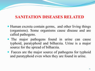 SANITATION DISEASES RELATED
 Human excreta contain germs, and other living things
(organisms). Some organisms cause disease and are
called pathogens.
 The major pathogens found in urine can cause
typhoid, paratyphoid and bilharzia. Urine is a major
source for the spread of bilharzia.
 Faeces are the major source of pathogens for typhoid
and paratyphoid even when they are found in urine.
15
 