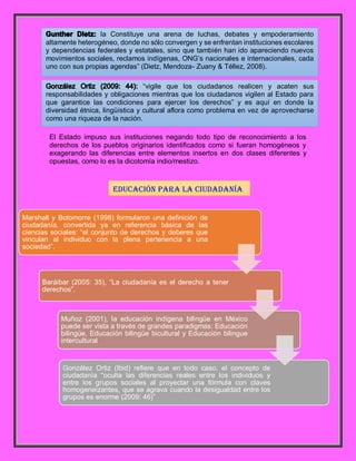 El Estado impuso sus instituciones negando todo tipo de reconocimiento a los
derechos de los pueblos originarios identificados como si fueran homogéneos y
exagerando las diferencias entre elementos insertos en dos clases diferentes y
opuestas, como lo es la dicotomía indio/mestizo.
la Constituye una arena de luchas, debates y empoderamiento
altamente heterogéneo, donde no sólo convergen y se enfrentan instituciones escolares
y dependencias federales y estatales, sino que también han ido apareciendo nuevos
movimientos sociales, reclamos indígenas, ONG’s nacionales e internacionales, cada
uno con sus propias agendas” (Dietz, Mendoza- Zuany & Téllez, 2008).
“vigile que los ciudadanos realicen y acaten sus
responsabilidades y obligaciones mientras que los ciudadanos vigilen al Estado para
que garantice las condiciones para ejercer los derechos” y es aquí en donde la
diversidad étnica, lingüística y cultural aflora como problema en vez de aprovecharse
como una riqueza de la nación.
Educación para la ciudadanía
Marshall y Botomorre (1998) formularon una definición de
ciudadanía, convertida ya en referencia básica de las
ciencias sociales: “el conjunto de derechos y deberes que
vinculan al individuo con la plena pertenencia a una
sociedad”.
Baráibar (2005: 35), “La ciudadanía es el derecho a tener
derechos”.
Muñoz (2001), la educación indígena bilingüe en México
puede ser vista a través de grandes paradigmas: Educación
bilingüe, Educación bilingüe bicultural y Educación bilingue
intercultural
González Ortiz (Ibid) refiere que en todo caso, el concepto de
ciudadanía “oculta las diferencias reales entre los individuos y
entre los grupos sociales al proyectar una fórmula con claves
homogeneizantes, que se agrava cuando la desigualdad entre los
grupos es enorme (2009: 46)”
 