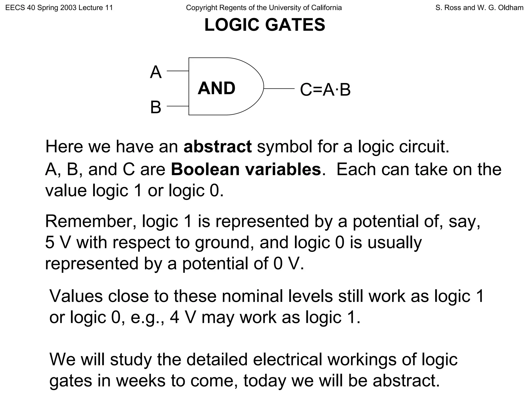 LOGIC GATES Here we have an  abstract  symbol for a logic circuit. A, B, and C are  Boolean variables .  Each can take on the value logic 1 or logic 0. Remember, logic 1 is represented by a potential of, say, 5 V with respect to ground, and logic 0 is usually represented by a potential of 0 V.  Values close to these nominal levels still work as logic 1 or logic 0, e.g., 4 V may work as logic 1.  We will study the detailed electrical workings of logic gates in weeks to come, today we will be abstract. A B C=A·B AND 