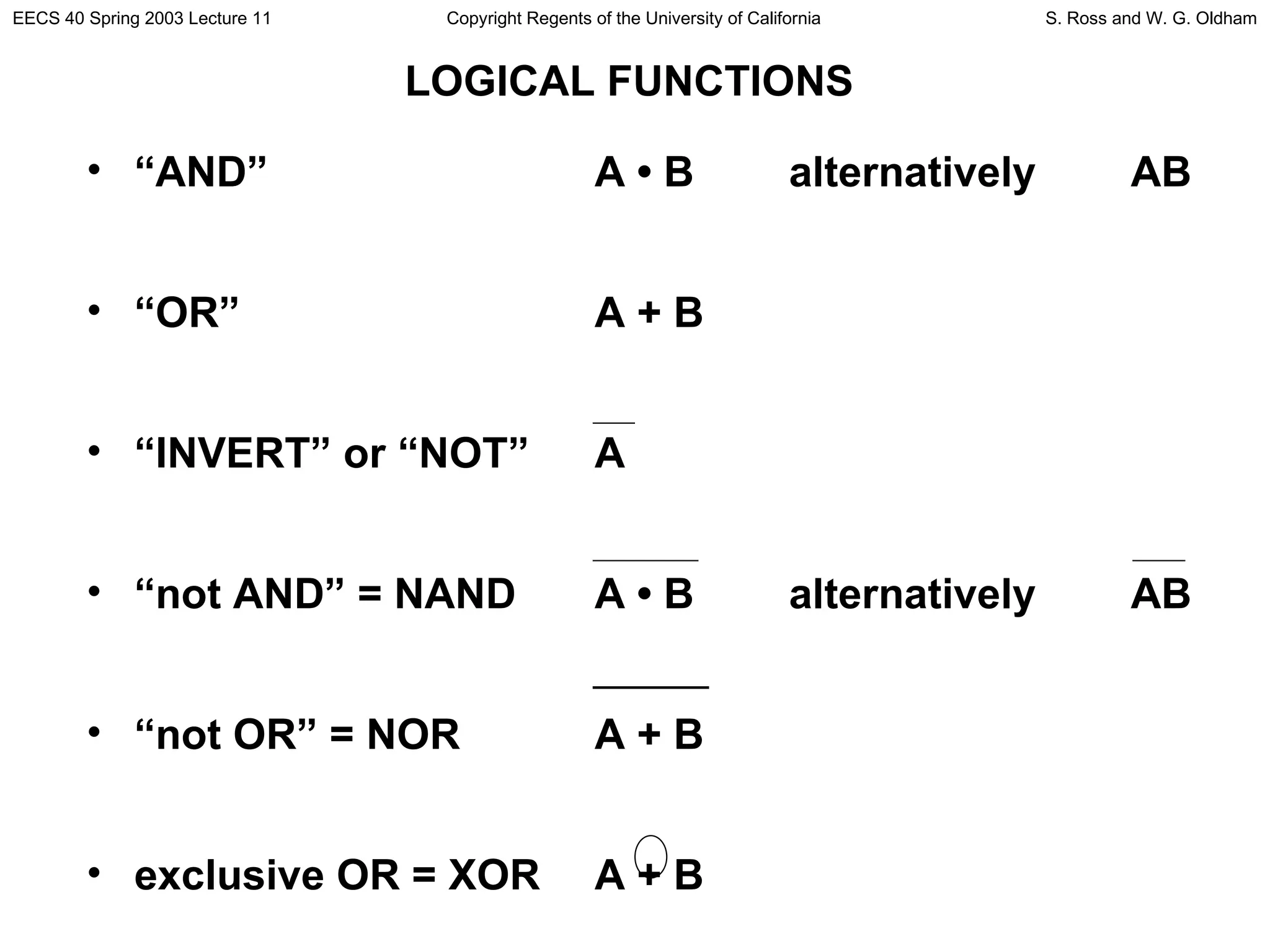 LOGICAL FUNCTIONS “ AND”  A  • B  alternatively  AB “ OR” A + B “ INVERT” or “NOT” A “ not AND” = NAND A  • B  alternatively  AB “ not OR” = NOR A + B exclusive OR = XOR A + B 