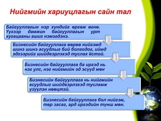Нийгмийн хариуцлагын сайн тал
Байгууллагын нэр хүндийг өргөж өгнө.
Үүгээр дамжин байгууллагын урт
хугацааны ашиг нэмэгдэнэ.
Бизнесийн байгууллага өөрөө нийгэмд
шинэ шинэ асуудлыг бий болгодог, иймд
эдгээрийг шийдвэрлэхэд туслах ёстой.
Бизнесийн байгууллага ба иргэд нь
нэг улс, нэг нийгмийн эд эсүүд мөн.
Бизнесийн байгууллага нь нийгмийн
асуудлыг шийдвэрлэхэд тусламж
үзүүлэн нөөцтэй.
Бизнесийн байгууллага бол нийгэм,
төр засаг, ард иргэдийн түнш мөн.
 