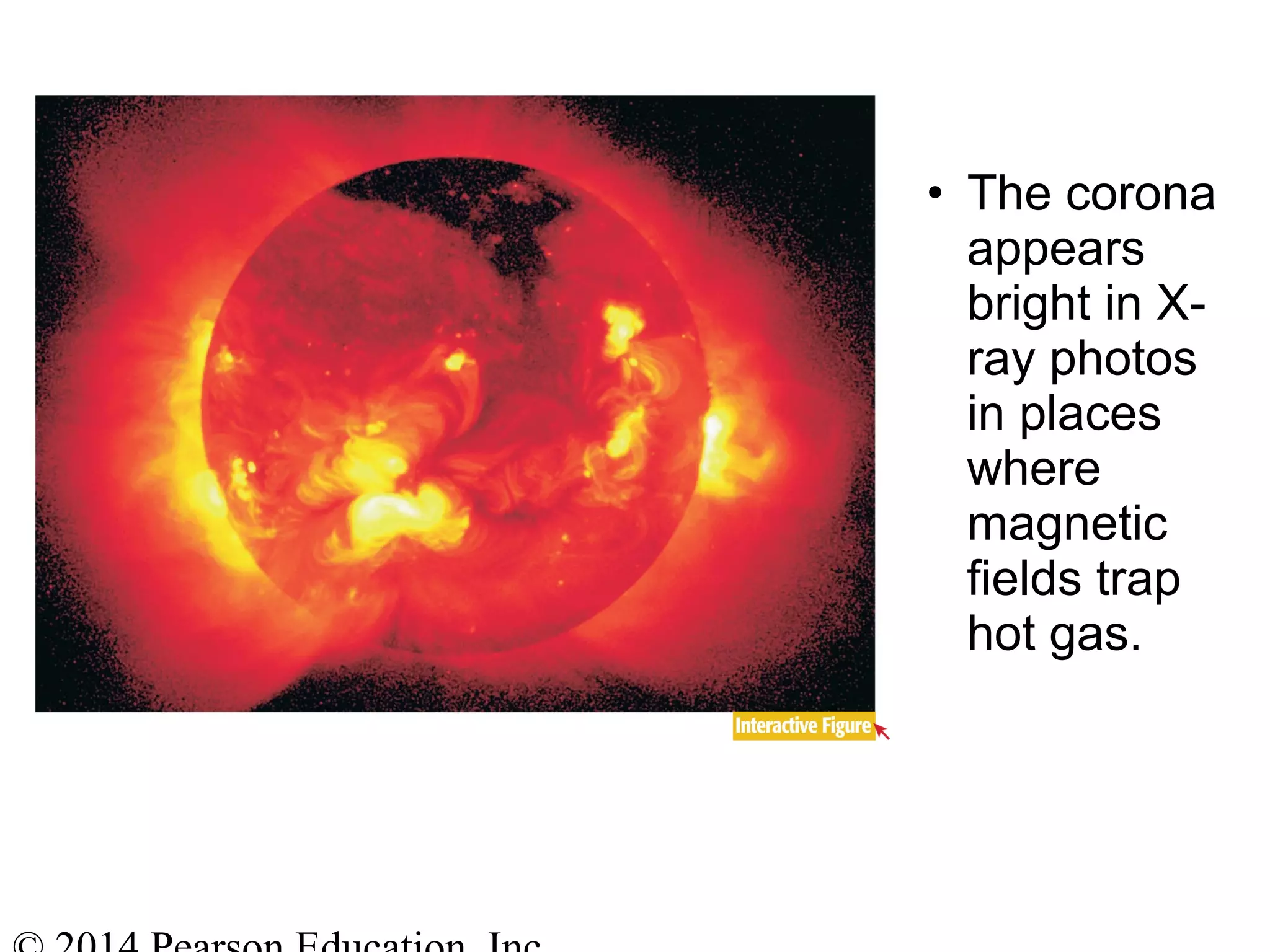 • The corona
appears
bright in X-
ray photos
in places
where
magnetic
fields trap
hot gas.
 