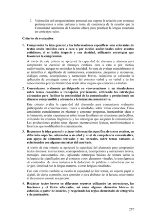 7. Valoración del enriquecimiento personal que supone la relación con personas
pertenecientes a otras culturas y toma de conciencia de la ocasión que la
Comunidad Autónoma de Canarias ofrece para practicar la lengua estudiada
en contextos reales.
Criterios de evaluación
1. Comprender la idea general y las informaciones específicas más relevantes de
textos orales emitidos cara a cara o por medios audiovisuales sobre asuntos
cotidianos, si se habla despacio y con claridad, utilizando estrategias que
favorecen la comprensión.
A través de este criterio se apreciará la capacidad de alumnos y alumnas para
comprender lo esencial de mensajes emitidos cara a cara o por medios
audiovisuales, aunque no entiendan la totalidad. Se trata de evaluar esencialmente si
se identifica el significado de instrucciones, comentarios, preguntas y respuestas,
diálogos cortos, descripciones y narraciones breves. Asimismo se valorarán la
aplicación de estrategias como el uso del contexto verbal y no verbal y de los
conocimientos previos transferidos desde otras lenguas que conocen o estudian.
2. Comunicarse oralmente participando en conversaciones y en simulaciones
sobre temas conocidos o trabajados previamente, utilizando las estrategias
adecuadas para facilitar la continuidad de la comunicación y produciendo un
discurso comprensible y adecuado a la intención comunicativa.
Este criterio evalúa la capacidad del alumnado para comunicarse oralmente
participando en conversaciones, reales o simuladas, sobre temas conocidos. Éstas
consistirán esencialmente en plantear y contestar preguntas, intercambiar ideas e
información, relatar experiencias sobre temas familiares en situaciones predecibles,
utilizando los recursos lingüísticos y las estrategias que aseguren la comunicación.
Las producciones podrán tener algunas incorrecciones léxicas, morfosintácticas o
fonéticas que no dificulten la comunicación.
3. Reconocer la idea general y extraer información específica de textos escritos, en
diferentes soportes, adecuados a su edad y nivel de competencia comunicativa,
con apoyo de elementos textuales y no textuales, sobre temas variados o
relacionados con algunas materias del currículo.
A través de este criterio se apreciará la capacidad del alumnado para comprender
textos diversos: instrucciones, correspondencia, descripciones y narraciones breves,
mensajes, cuestionarios, etc., aplicando estrategias básicas de lectura como la
inferencia de significados por el contexto o por elementos visuales, la transferencia
de contenidos de otras materias o la deducción de palabras o estructuras por su
origen, similitud con la lengua materna, u otras lenguas estudiadas.
Con este criterio también se evalúa la capacidad de leer textos, en soporte papel o
digital, de cierta extensión, para aprender o para disfrutar de la lectura, recurriendo
al diccionario cuando sea preciso.
4. Redactar textos breves en diferentes soportes utilizando las estructuras, las
funciones y el léxico adecuados, así como algunos elementos básicos de
cohesión, a partir de modelos, y respetando las reglas elementales de ortografía
y de puntuación.
237
 