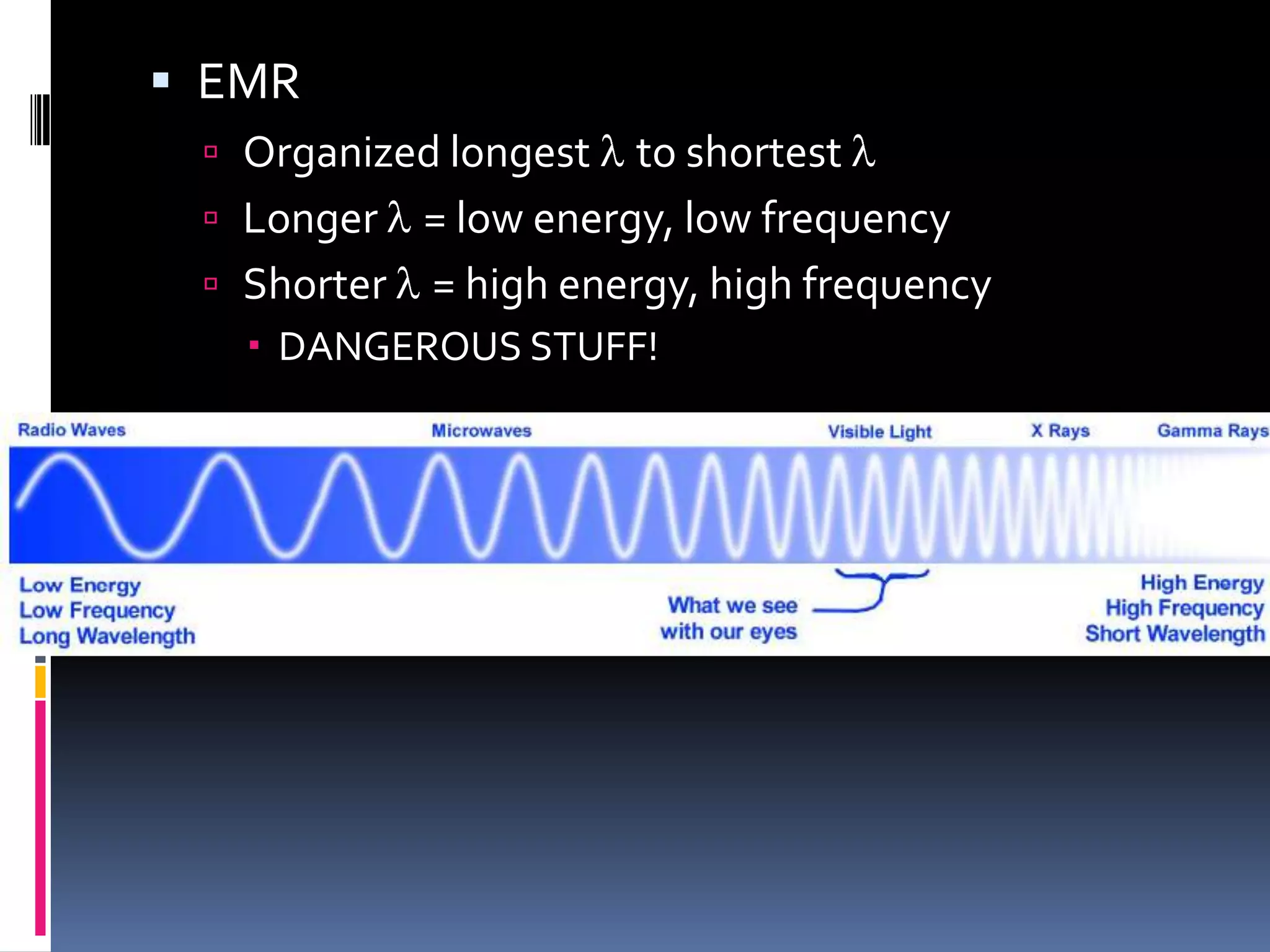  EMR
 Organized longest l to shortest l
 Longer l = low energy, low frequency
 Shorter l = high energy, high frequency
 DANGEROUS STUFF!
 