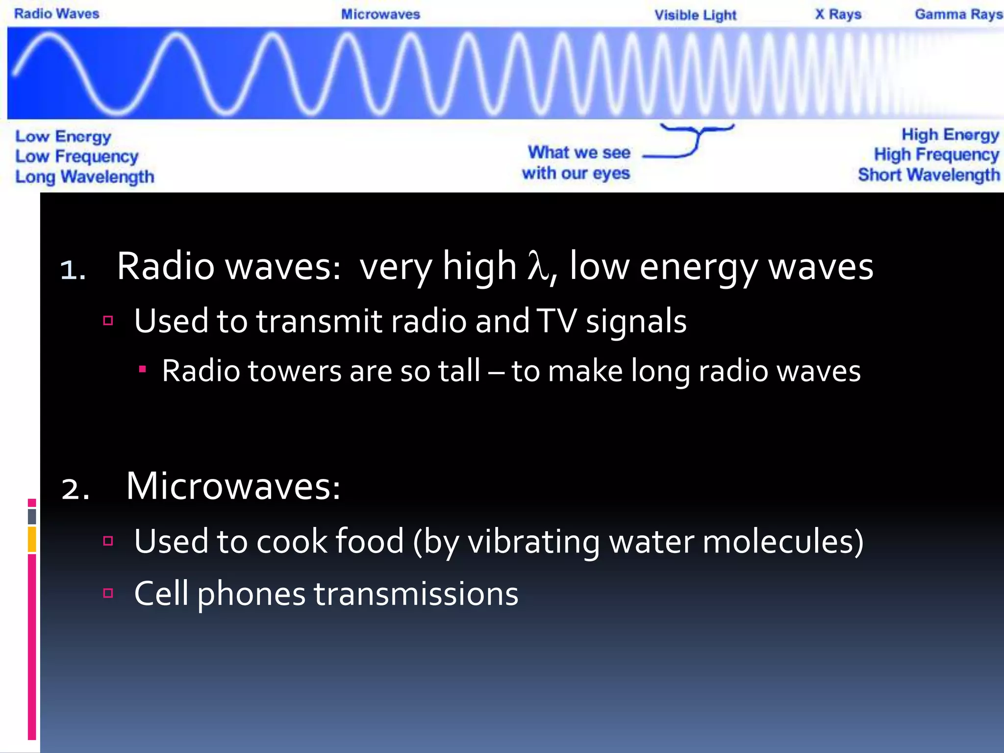 1. Radio waves: very high l, low energy waves
 Used to transmit radio andTV signals
 Radio towers are so tall – to make long radio waves
2. Microwaves:
 Used to cook food (by vibrating water molecules)
 Cell phones transmissions
 