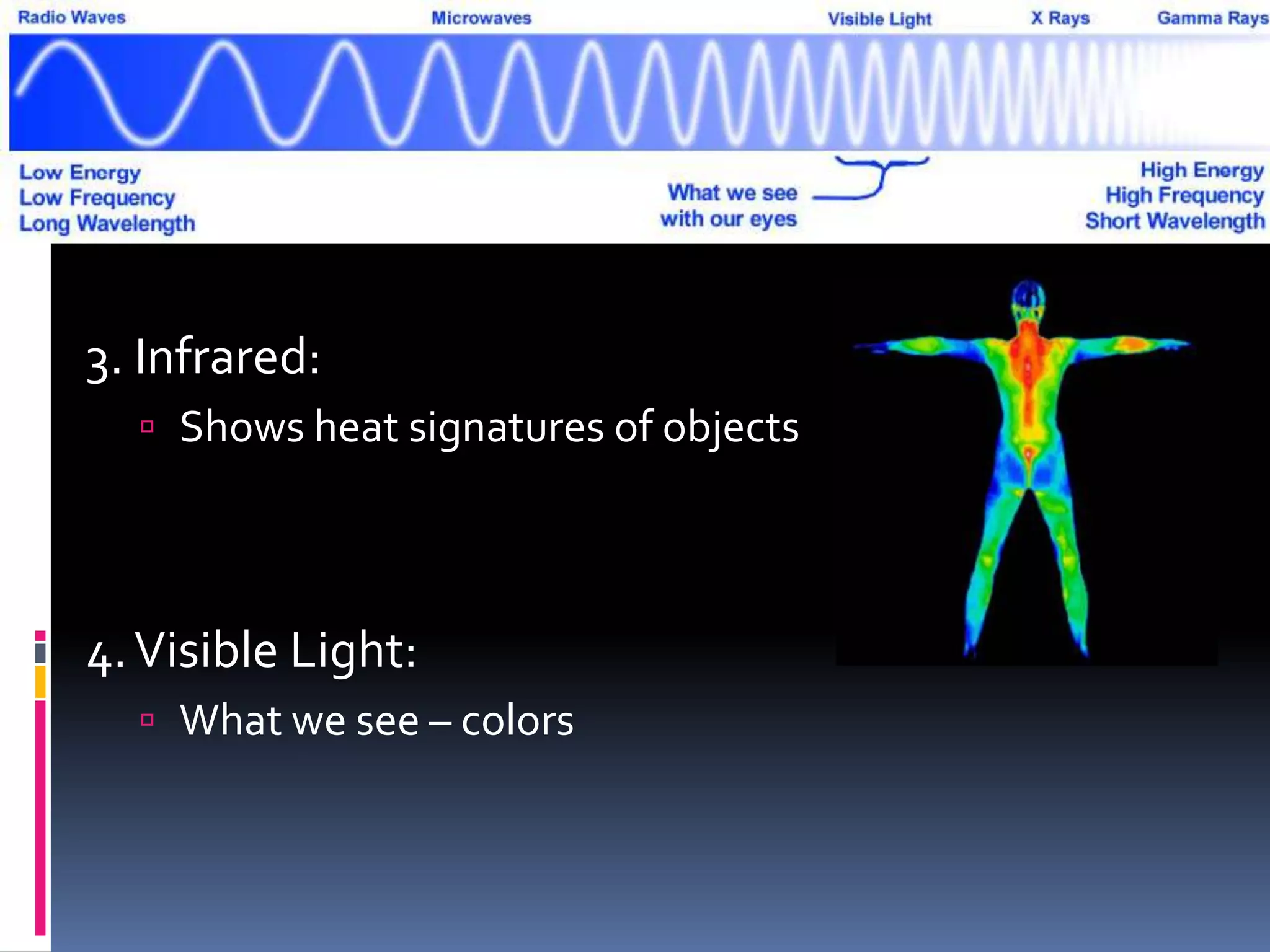 3. Infrared:
 Shows heat signatures of objects
4.Visible Light:
 What we see – colors
 