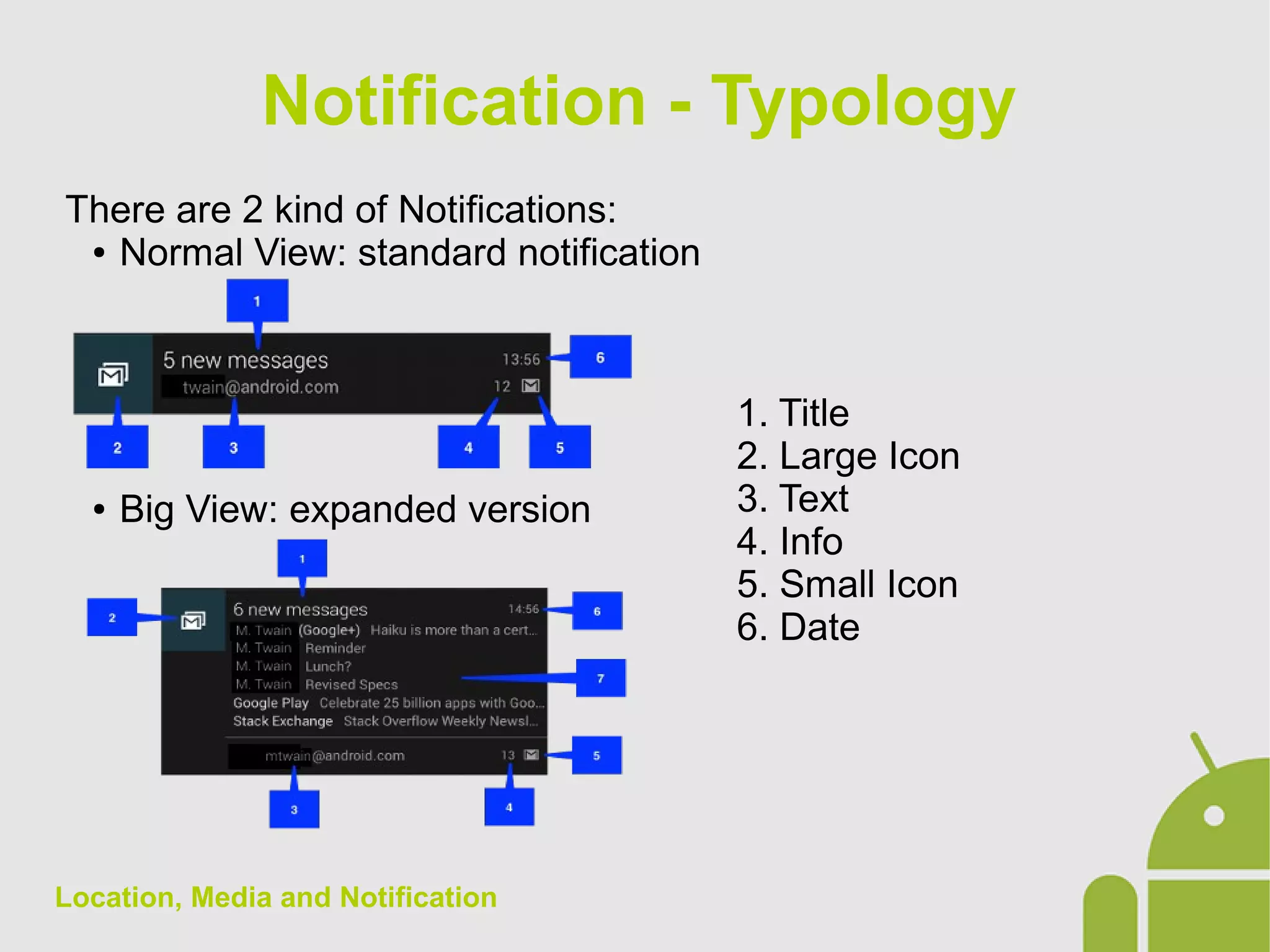 Location, Media and Notification
There are 2 kind of Notifications:
● Normal View: standard notification
● Big View: expanded version
Notification - Typology
1. Title
2. Large Icon
3. Text
4. Info
5. Small Icon
6. Date
 