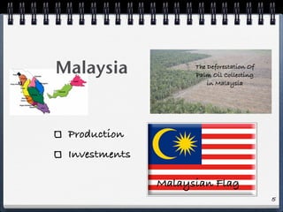 Malaysia The Deforestation Of
Palm Oil Collecting
in Malaysia
Production
Investments
Malaysian Flag
5