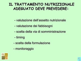 - valutazione dell’assetto nutrizionale- valutazione dell’assetto nutrizionale
- valutazione dei fabbisogni- valutazione dei fabbisogni
- scelta della via di somministrazione- scelta della via di somministrazione
- timing- timing
- scelta della formulazione- scelta della formulazione
- monitoraggio- monitoraggio
IL TRATTAMENTO NUTRIZIONALEIL TRATTAMENTO NUTRIZIONALE
ADEGUATO DEVE PREVEDERE:ADEGUATO DEVE PREVEDERE:
 