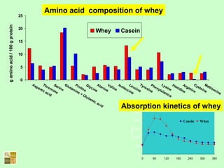 0
5
10
15
20
25
Aspartic acid
Threonine
Serine
Glutamine + Glutamic acid
Proline
Glycine
Alanine
Valine
Isoleucine
Leucine
Tyrosine
Phenylalanine
Lysine
Histidine
Arginine
Cysteine
Methionine
Whey Casein
gaminoacid/100gprotein Amino acid composition of whey
0
100
200
300
400
500
0 60 120 180 240 300 360
micromol/l
Casein Whey
Absorption kinetics of whey
 