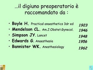 …il digiuno preoperatorio è
raccomandato da :
• Boyle H. Practical anaesthetics 3dr ed
• Mendelson CL. Am.J.Obstet.Gynecol.
• Simpson JY. Lancet
• Edwards G. Anaesthesia
• Bannister WK. Anesthesiology
1923
1946
1948
1956
1962
 