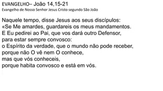 EVANGELHO– João 14,15-21
Evangelho de Nosso Senhor Jesus Cristo segundo São João
Naquele tempo, disse Jesus aos seus discípulos:
«Se Me amardes, guardareis os meus mandamentos.
E Eu pedirei ao Pai, que vos dará outro Defensor,
para estar sempre convosco:
o Espírito da verdade, que o mundo não pode receber,
porque não O vê nem O conhece,
mas que vós conheceis,
porque habita convosco e está em vós.
 