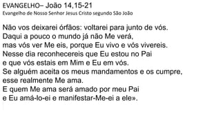 EVANGELHO– João 14,15-21
Evangelho de Nosso Senhor Jesus Cristo segundo São João
Não vos deixarei órfãos: voltarei para junto de vós.
Daqui a pouco o mundo já não Me verá,
mas vós ver Me eis, porque Eu vivo e vós vivereis.
Nesse dia reconhecereis que Eu estou no Pai
e que vós estais em Mim e Eu em vós.
Se alguém aceita os meus mandamentos e os cumpre,
esse realmente Me ama.
E quem Me ama será amado por meu Pai
e Eu amá-lo-ei e manifestar-Me-ei a ele».
 