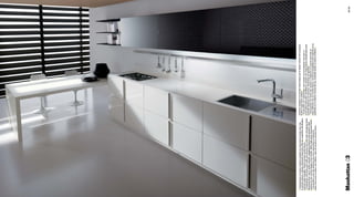 [ Composizione con basi a cestoni e pensili con anta decoro lucido nero; top         colonnes équipées à la surface interrompue par le dessin vertical de la poignée.
in unicolor bianco; colonne attrezzate interrotte nella loro superﬁcie dal disegno   Finition laqué blanc brillant ]
verticale della maniglia. Finitura laccato lucido bianco ]                           [ Compositie van onderkasten met manden en bovenkasten met deur in
[ Composition with base units with pan drawers and wall units with glossy black      zwart glans decoratie; werkblad in unicolor wit; hoge kasten onderbroken door
decorated door; top in white unicolor; equipped columns interrupted in their         verticale tekening van handvat. Afwerking wit glanslak ]
surfaces by the vertical design of the handle. White high gloss lacquered ﬁnish ]    [ Composición con bases tipo canasta y colgantes con puerta decorada en
[ Composition avec des éléments bas avec casseroliers et éléments                    negro brillante; top en unicolor blanco; columnas equipadas interrumpidas en su
hauts avec porte au décor noir brillant ; plan de travail en unicolor blanc ;        superﬁcie por el diseño vertical del asa. Acabado lacado en blanco brillante ]




Manhattan 03                                                                                                                                                            48 | 49
 