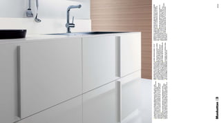 [ La geometria e la riduzione degli spessori nelle parti a vista        high splash back; shelves with variable thickness lights, 1,5 cm      werkblad van 1 cm in unicolor wit; lage plint van 6 cm en verticaal
sono il ﬁlo conduttore di Manhattan: sezione visibile del top di solo   thick in their most external part ]                                   handvat in dezelfde kleur als de keuken; aan einde verhoging
1 cm in unicolor bianco; zoccolo basso di 6 cm e maniglia               [ La géométrie et la réduction des épaisseurs des parties visibles    van 15 cm; planken met licht in verschillende diktes tot 1,5 cm
verticale in tinta con la cucina; alzatina di 15 cm come terminale;     sont le ﬁl conducteur de Manhattan: plan de travail à la              aan uiterste uiteinden ]
mensole con luce a spessore variabile di soli 1,5 cm nella parte        section visible de 1 cm en unicolor blanc; plinthe basse de 6 cm      [ La geometría y la reducción de los espesores en las partes a la
più esterna ]                                                           et poignée verticale à la couleur des portes; crédence h.15 cm;       vista son el hilo conductor de Manhattan: sección visible
[ The geometry and the reduction of the thicknesses of the              étagères avec éclairage à l’épaisseur variable qui est seulement de   del top de sólo 1 cm en unicolor blanco; zócalo bajo de 6 cm y
at-sight parts are the leading thread of Manhattan: 1 cm visible        1.5 cm dans la partie extérieure ]                                    asa vertical a juego con la cocina; alzatina de 15 cm como terminal;
section of the worktop in white unicolor; 6 cm low plinth and           [ De vormen en vermindering van de diktes aan de zichtbare delen      repisas con luz de espesor variable de solo 1,5 cm en la parte
vertical handle with colour matched with the kitchen itself; 15 cm      zijn de hoofdlijnen van Manhattan: zichtbaar deel van                 más externa ]




Manhattan 03                                                                                                                                                                                             52 | 53
 