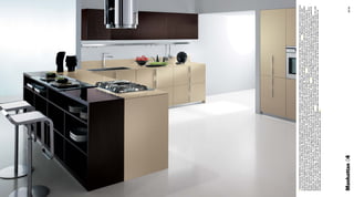 [ Composizione Manhattan con penisola e colonne attrezzate nella ﬁnitura polimerico postformato con venatura effetto legno in rilievo laccato ecrù (colore 63). Pensili con anta decoro lucido su fondo marrone
e top in Unicolor in tinta con il colore della facciata. Nel dettaglio l’elemento a giorno, in nobilitato wengè, di completamento alla penisola con ‘piano colazione rialzato’ ] [ Manhattan composition with
peninsula and equipped columns in ecru lacquered post-formed polymer ﬁnish with wood-look grains in relief (colour 63). Wall units with glossy decoration on brown base and worktop in unicolor matched
with the façade colour. In the detail the open element, in wengè laminate, completing the peninsula with raised breakfast worktop ]         [ Composition Manhattan avec plan en épi et armoires équipés en
ﬁnition polymère post formé aux veines effet bois en relief laquées écru (couleur 63). Eléments hauts avec la porte au décor brillant sur fond marron et le plan de travail en Unicolor assorti à la couleur de la
façade. Dans le détail l’élément ouvert en laminé wengué qui complète le plan en épi avec le ‘plan petit déjeuner’ relevé ]     [ Compositie Manhattan met schiereiland en hoge kasten afgewerkt in gevormd
polimeer met ader hout effect in gelakt ecru` in relief (kleur 63). Bovenkasten met deur in glans decoratie op bruine achtergrond en werkblad in unicolor in dezelfde kleur als de voorkant. Bijzonder
dagelement, in veredelt wenge`, als voltooing aan schiereiland met ‘verhoogd werkblad’ ]            [ Composición Manhattan con península y columnas equipadas en el acabado polimérico postformato con veta
efecto madera en relieve lacado ecrù (color 63). Colgantes con puerta en decoración brillante sobre fondo marrón y top en unicolor a juego con el color de la fachada. En el detalle el elemento abierto, en
ennoblecido wengè, complementando a la península con ‘plano para desayuno’ realzado ]




Manhattan 04                                                                                                                                                                                             68 | 69
 