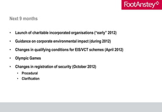 Next 9 months

•   Launch of charitable incorporated organisations (“early” 2012)

•   Guidance on corporate environmental...