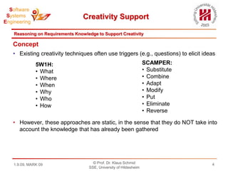 Creativity and Innovation are key to modern requirements engineering© Prof. Dr. Klaus SchmidSSE, University of Hildesheim11.9.09, MARK 09Vision of Product Line Engineering