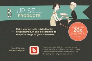 Make your up-sells related to the 
original product and be sensitive to 
the price range of your customers. 
Use this app: 
Product UpSell 
The Product UpSell app gives you the 
ability to offer a different product during 
checkout based on the contents of the 
shopping cart of your customers. 
UP-SELL 
PRODUCTS 
UPSELLING IS 20x MORE EFFECTIVE 
THAN CROSS-SELLING 
ONLINE6 
 