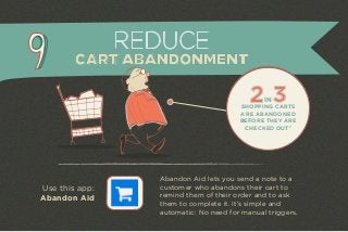 CART ABANDONMENT 
Use this app: 
Abandon Aid 
REDUCE 
2 IN 3 SHOPPING CARTS 
ARE ABANDONED 
BEFORE THEY ARE 
CHECKED OUT7 
Abandon Aid lets you send a note to a 
customer who abandons their cart to 
remind them of their order and to ask 
them to complete it. It’s simple and 
automatic: No need for manual triggers. 
 