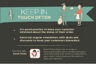KEEP IN 
TOUCH OFTEN 
It's good practice to keep your customer 
informed about the status of their order. 
Send out regular newsletters with deals and 
discounts to keep your customers interested. 
Email Pirate allows you to create a 
fully-customizable opt-in window that pops 
up to encourage your visitors to subscribe to 
your emails. It also gives you the ability to 
track user behavior. 
Use this app: 
Email Pirate 
 
