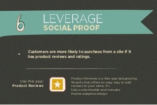 LEVERAGE 
SOCIAL PROOF 
Customers are more likely to purchase from a site if it 
has product reviews and ratings. 
Product Reviews is a free app designed by 
Shopify that offers an easy way to add 
reviews to your store. It’s 
fully-customizable and includes 
theme-adaptive design. 
Use this app: 
Product Reviews 
 