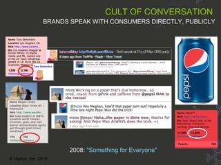Cult of Convo - PEPSI speaks CULT OF CONVERSATION   BRANDS SPEAK WITH CONSUMERS DIRECTLY, PUBLICLY   2008:   "Something for Everyone" © Markyr, Inc. 2010 