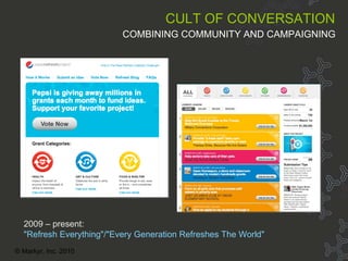 Cult of Convo - Refresh Everything CULT OF CONVERSATION   COMBINING COMMUNITY AND CAMPAIGNING   2009 – present:   "Refresh Everything"/"Every Generation Refreshes The World" © Markyr, Inc. 2010 