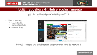 Novità: repository GitHub e aggiornamento
github.com/PorteAperteSulWeb/pasw2015
 Tutti possono:
 leggere il codice
 scaricare il pacchetto
 consultare la wiki
Pasw2015 integra uno script in grado di aggiornare il tema da pasw2015
 