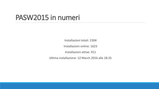 PASW2015 in numeri
Installazioni totali: 2304
Installazioni online: 1623
Installazioni attive: 911
Ultima installazione: 12 March 2016 alle 18:35
 
